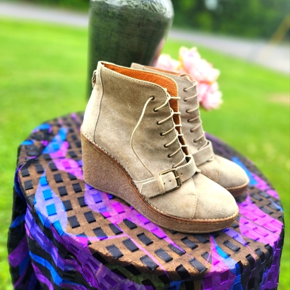 Madewell Suede Lace Up WEDGE Booties MONK strap Buckle 3.5" HEIGHT SZ 9.5 - Picture 1 of 15